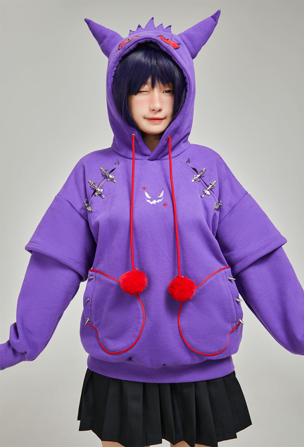 Dark Shade Gothic Paw Hoodie Purple Phantom Print Hoodie with Ears and Tail