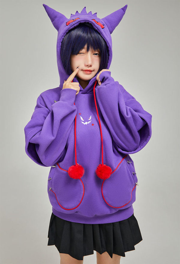 Dark Shade Gothic Paw Hoodie Purple Phantom Print Hoodie with Ears and Tail