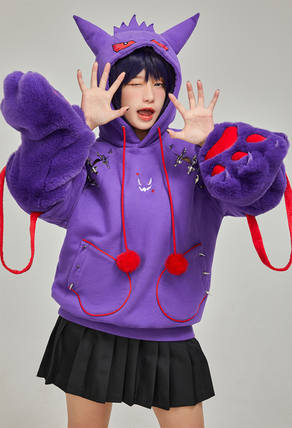 Dark Shade Gothic Paw Hoodie Purple Phantom Print Hoodie with Ears and Tail