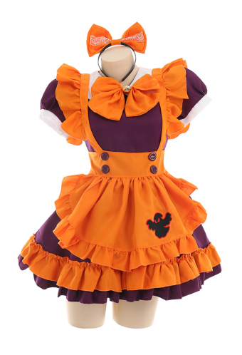 Lil Pumpkin Women Gothic Halloween Ghost Print Maid Costume