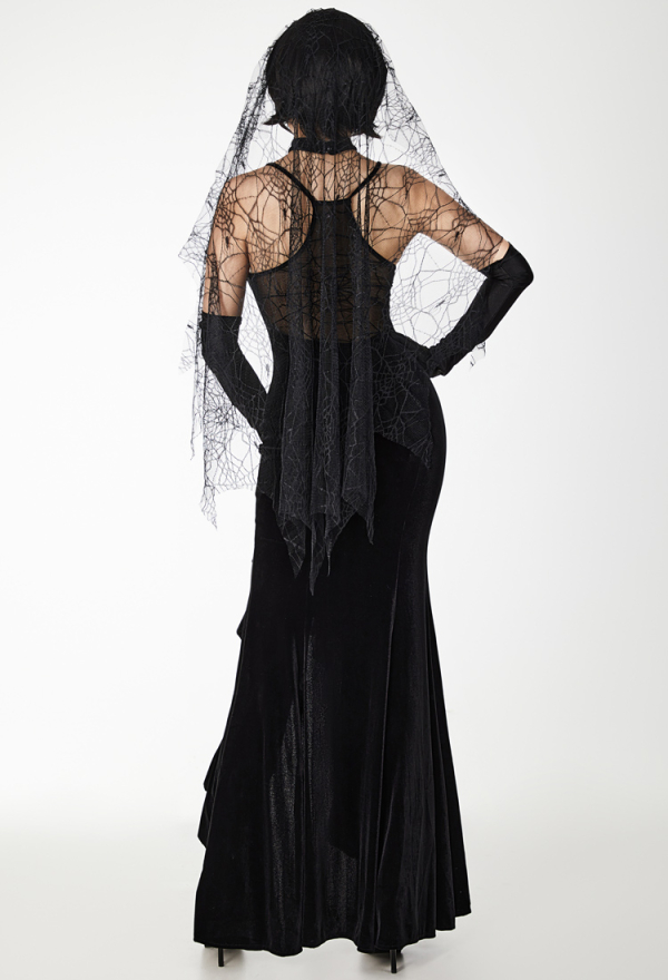 Halloween Vampire Wedding Dress Gothic Black Spandex Back Waist Cobweb High Fork Grace Bridal Gown with Gloves and Veil Halloween Vampire Wedding Dress Gothic Black Spandex Back Waist Cobweb High Fork Grace Bridal Gown with Gloves and Veil