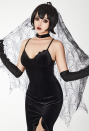 Halloween Vampire Wedding Dress Gothic Black Spandex Back Waist Cobweb High Fork Grace Bridal Gown with Gloves and Veil