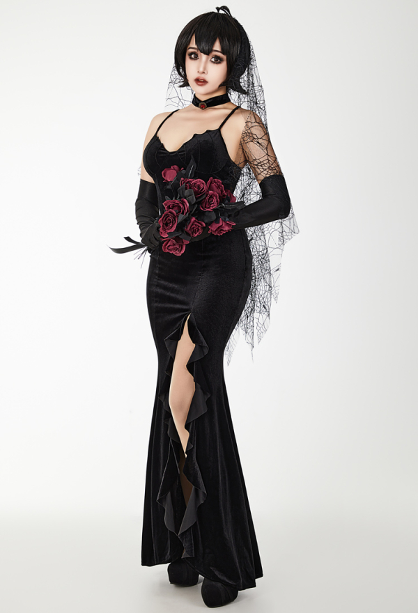 Halloween Vampire Wedding Dress Gothic Black Spandex Back Waist Cobweb High Fork Grace Bridal Gown with Gloves and Veil Halloween Vampire Wedding Dress Gothic Black Spandex Back Waist Cobweb High Fork Grace Bridal Gown with Gloves and Veil
