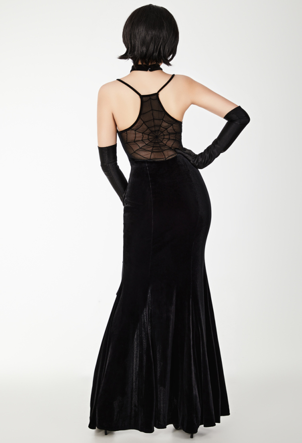 Halloween Vampire Wedding Dress Gothic Black Spandex Back Waist Cobweb High Fork Grace Bridal Gown with Gloves and Veil Halloween Vampire Wedding Dress Gothic Black Spandex Back Waist Cobweb High Fork Grace Bridal Gown with Gloves and Veil