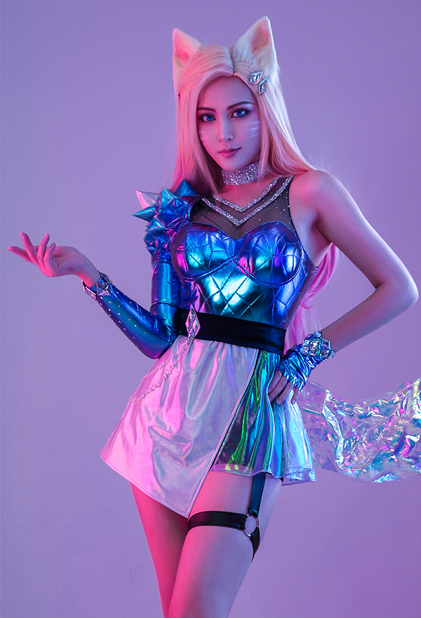 Ahri Halloween Women Blue Shiny Reflective Leather Cosplay Costume Ahri Halloween Women Blue Shiny Reflective Leather Cosplay Costume