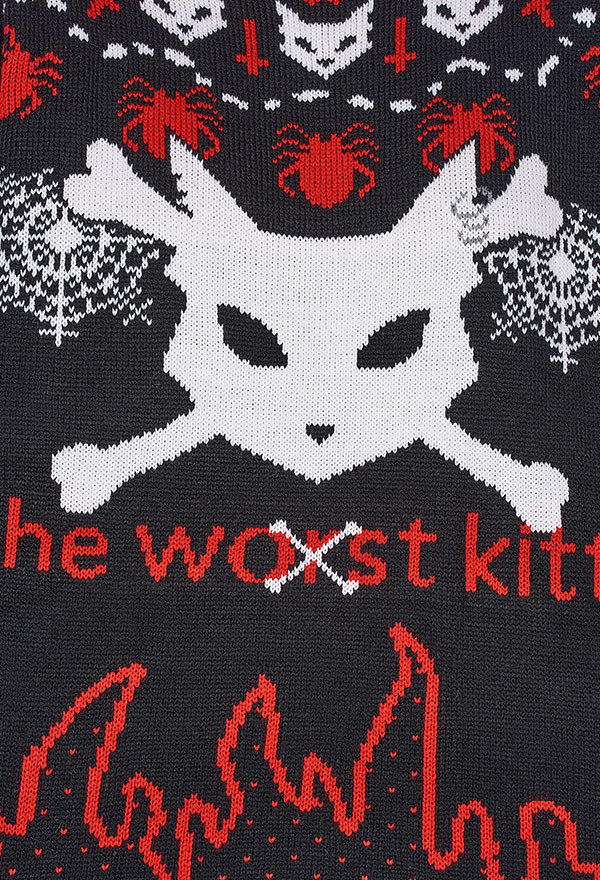 Bad Kitten Women Christmas Gothic Cat Skull Print Knitted Crewneck Sweater