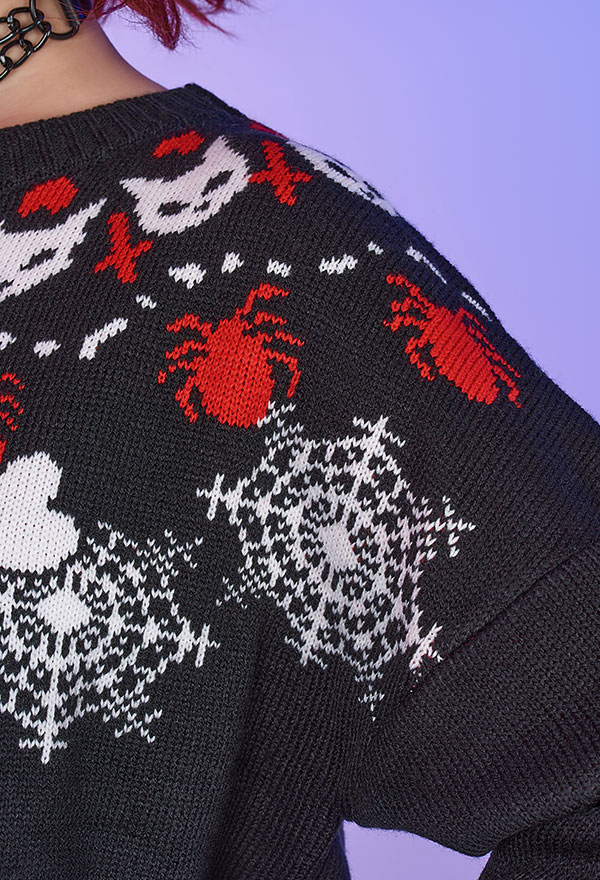 Bad Kitten Women Christmas Gothic Cat Skull Print Knitted Crewneck Sweater