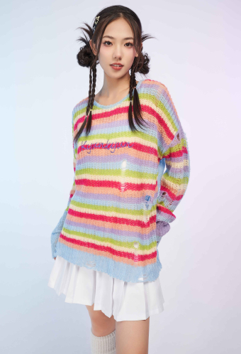 Rainbow Stripe Sweater Loose Fit Casual Wear Top