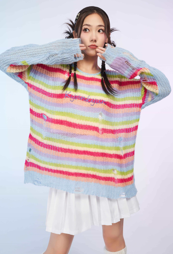 Rainbow Stripe Sweater Loose Fit Casual Wear Top