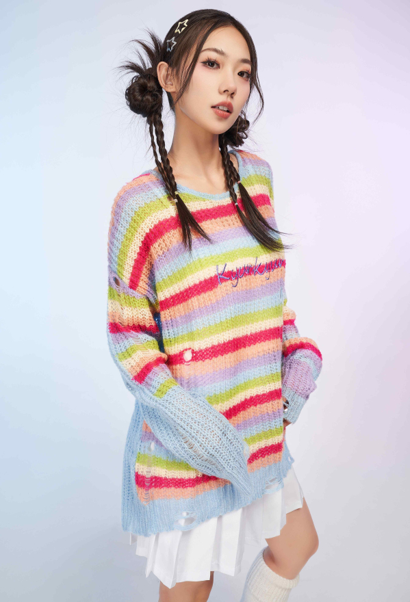 Rainbow Stripe Sweater Loose Fit Casual Wear Top