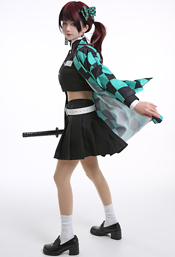 Women Gothic Black Green Plaid Japanese Student Uniform Halloween Costume Women Gothic Black Green Plaid Japanese Student Uniform Halloween Costume