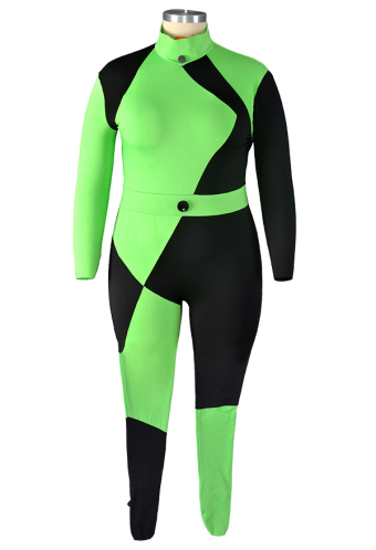 Plus Size Gothic Dazzling Party Wear Bodysuit Green and Black Spandex Long Sleeve Jumpsuit Halloween Costume