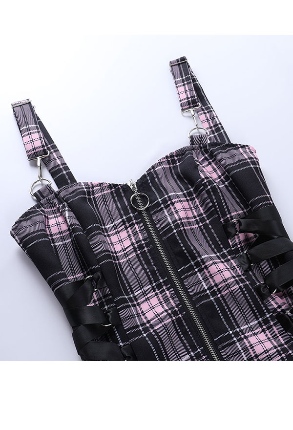 E-girl Fashion Gothic Summer Aesthetic Off Shoulder Plaid Casual Dress Side Straps Sleeveless Zip Up Minidress