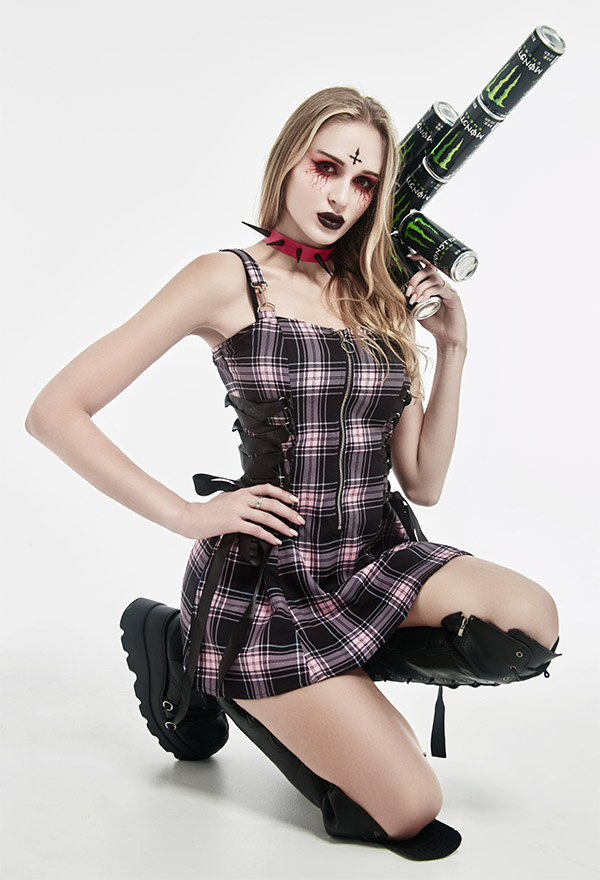 E-girl Fashion Gothic Summer Aesthetic Off Shoulder Plaid Casual Dress Side Straps Sleeveless Zip Up Minidress