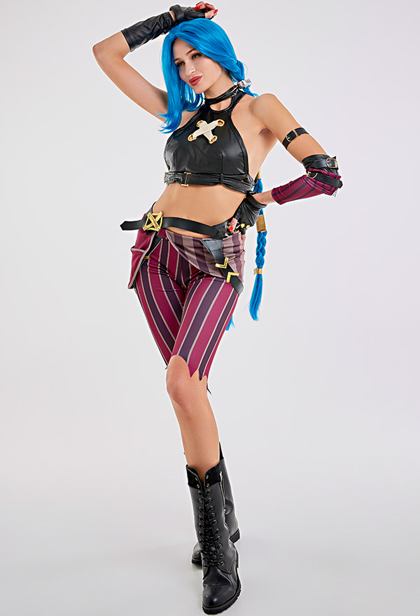 Jinx PU Leather Tank Crop Top and Shorts Halloween Costume Set Jinx PU Leather Tank Crop Top and Shorts Halloween Costume Set