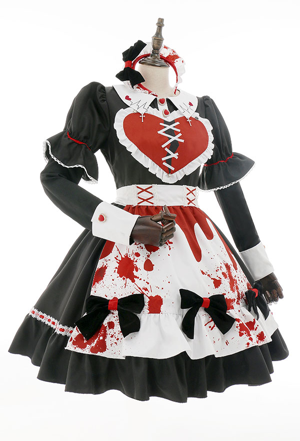 Bloody Maid Gothic Long Sleeves Bow Decorated Dress and Apron Halloween Costume Bloody Maid Gothic Long Sleeves Bow Decorated Dress and Apron Halloween Costume