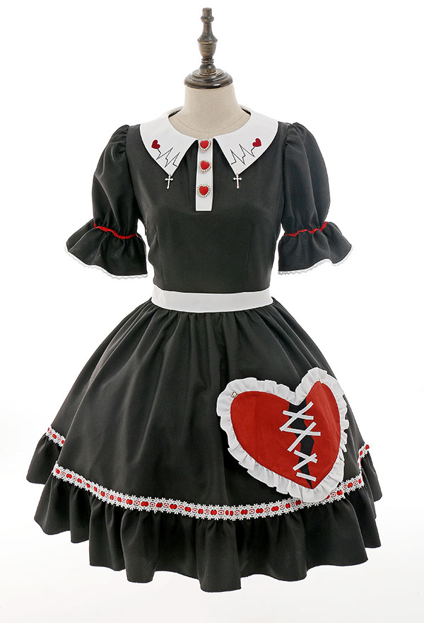 Bloody Maid Gothic Long Sleeves Bow Decorated Dress and Apron Halloween Costume Bloody Maid Gothic Long Sleeves Bow Decorated Dress and Apron Halloween Costume
