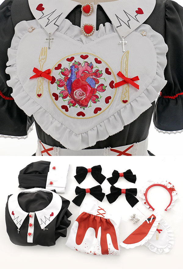 Bloody Maid Gothic Long Sleeves Bow Decorated Dress and Apron Halloween Costume Bloody Maid Gothic Long Sleeves Bow Decorated Dress and Apron Halloween Costume