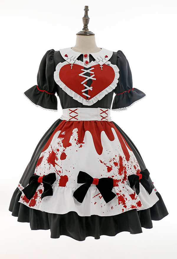 Bloody Maid Gothic Long Sleeves Bow Decorated Dress and Apron Halloween Costume Bloody Maid Gothic Long Sleeves Bow Decorated Dress and Apron Halloween Costume