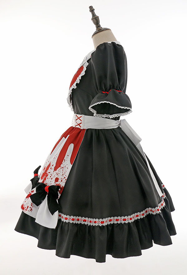 Bloody Maid Gothic Long Sleeves Bow Decorated Dress and Apron Halloween Costume Bloody Maid Gothic Long Sleeves Bow Decorated Dress and Apron Halloween Costume