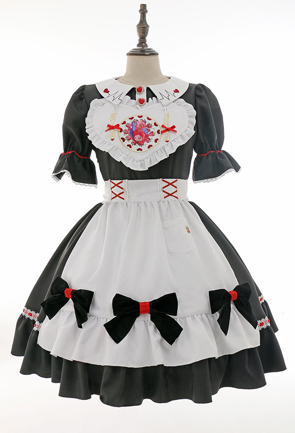 Bloody Maid Gothic Long Sleeves Bow Decorated Dress and Apron Halloween Costume Bloody Maid Gothic Long Sleeves Bow Decorated Dress and Apron Halloween Costume