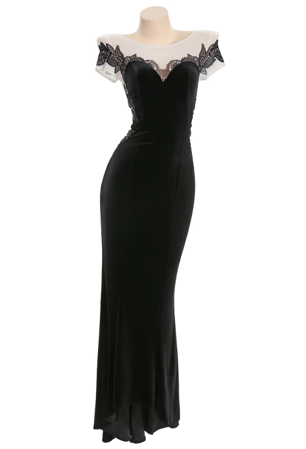 Cat Women Gothic Black Velvet Open Back Leaf Trim Long Dress