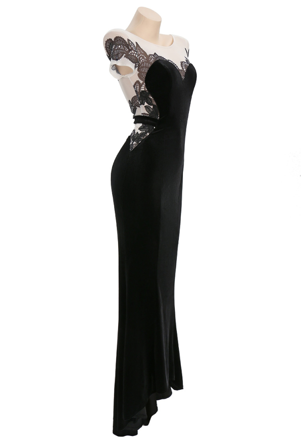Cat Women Gothic Black Velvet Open Back Leaf Trim Long Dress