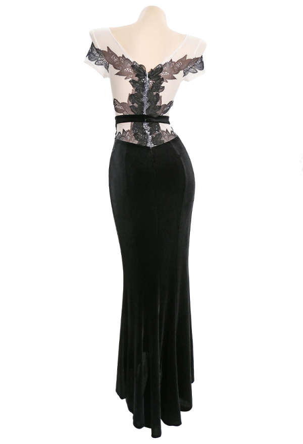 Cat Women Gothic Black Velvet Open Back Leaf Trim Long Dress