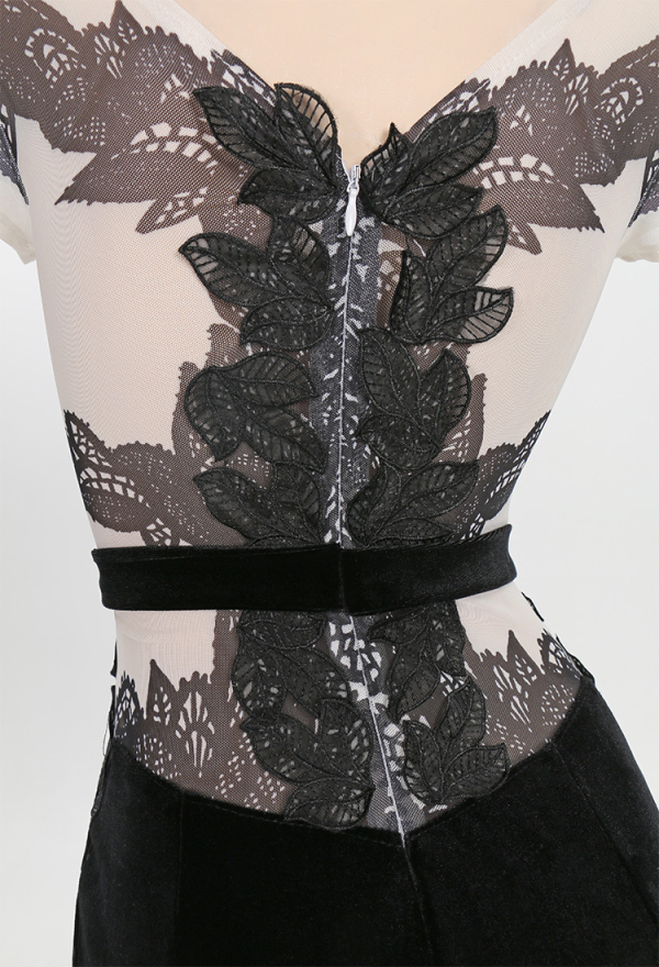 Cat Women Gothic Black Velvet Open Back Leaf Trim Long Dress
