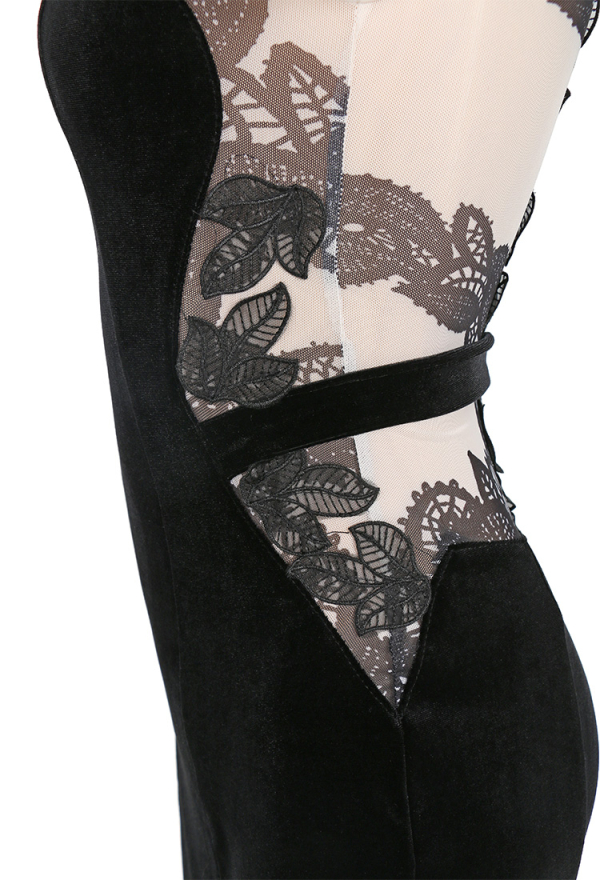 Cat Women Gothic Black Velvet Open Back Leaf Trim Long Dress