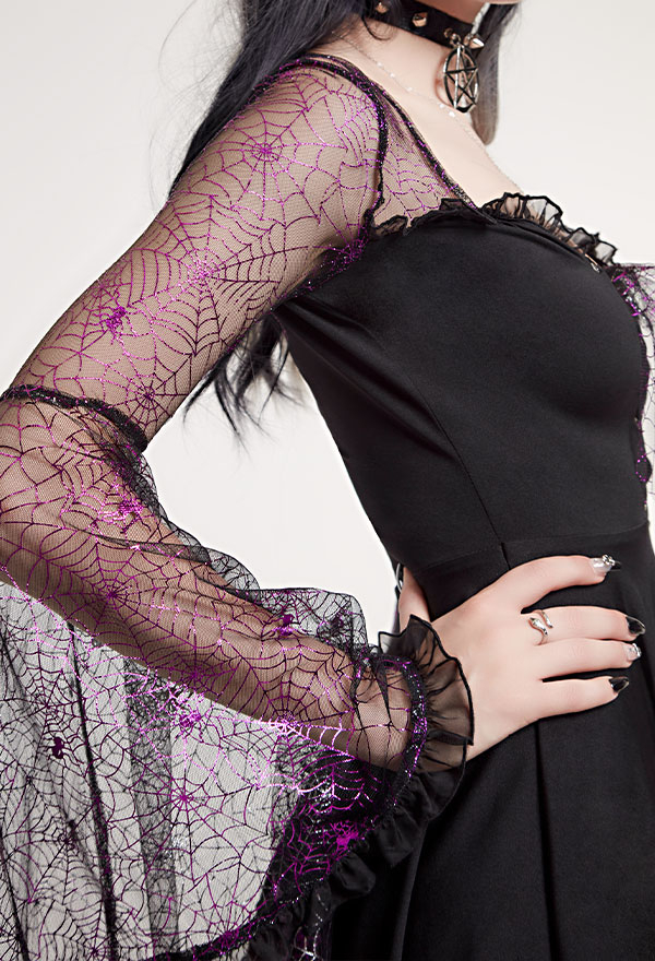 Abyss Witch Gothic Spiderweb Pattern Trumpet Sleeves Lace-Up Halloween Dress