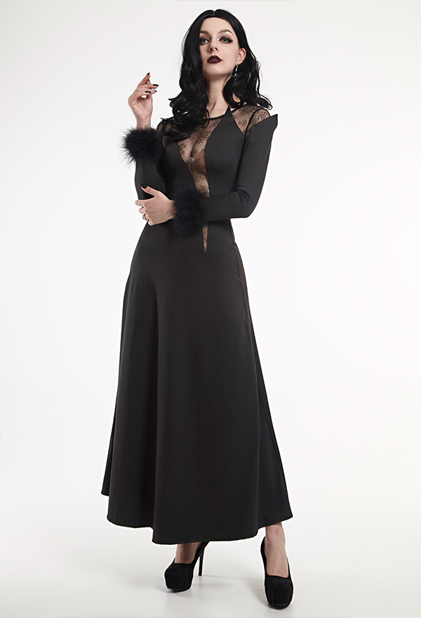 Nether Queen Gothic Crow Style Lace Sheer Long Elegant Halloween Dress Nether Queen Gothic Crow Style Lace Sheer Long Elegant Halloween Dress