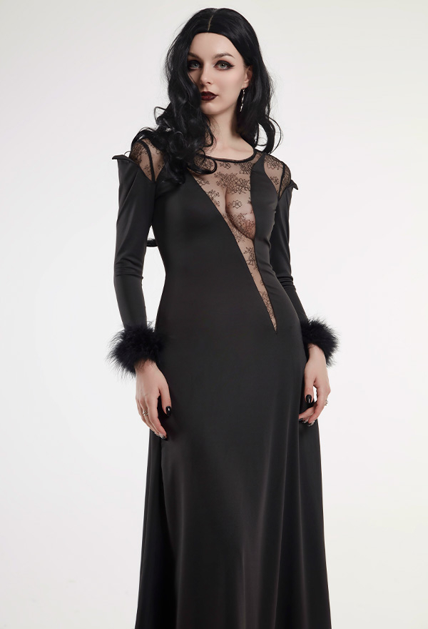 Nether Queen Gothic Crow Style Lace Sheer Long Elegant Halloween Dress Nether Queen Gothic Crow Style Lace Sheer Long Elegant Halloween Dress