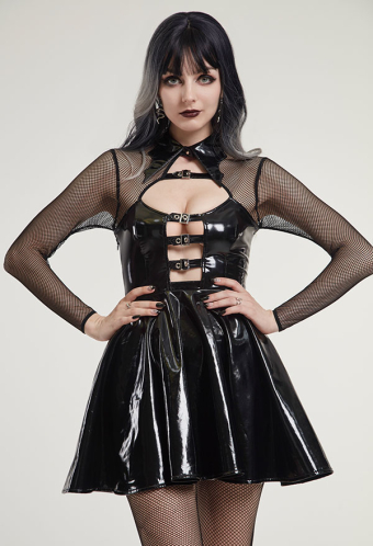 Abyss Witch Gothic Hollow Buckle-Up Breast Long Mesh Sleeves Halloween Dress