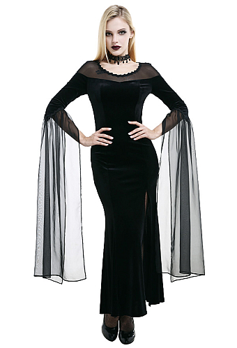 Gothic Victorian Devil Queen Bridal Dress Mystery Shrouded Black Velvet Long Tulle Sleeve Flared See Through Halloween Wedding Dress