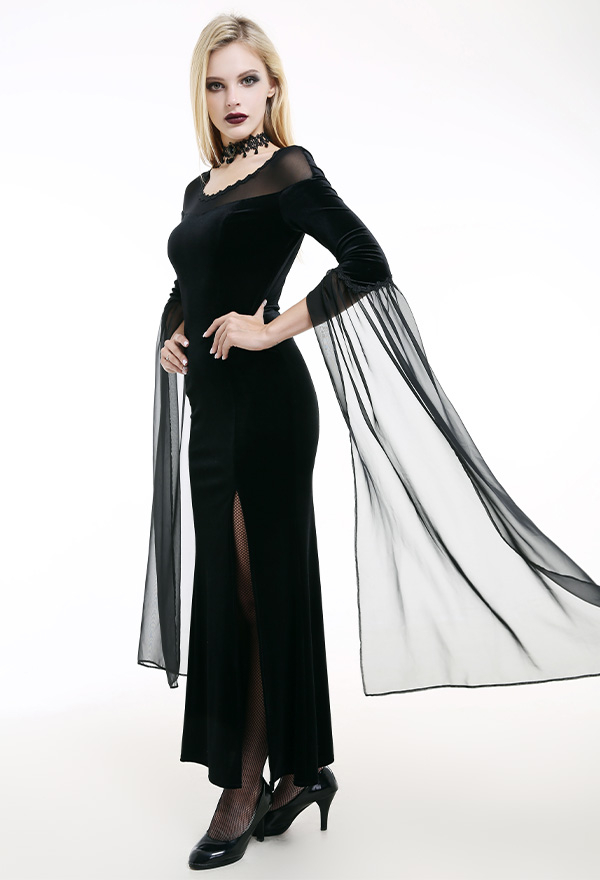 Gothic Victorian Devil Queen Bridal Dress Mystery Shrouded Black Velvet Long Tulle Sleeve Flared See Through Halloween Wedding Dress
