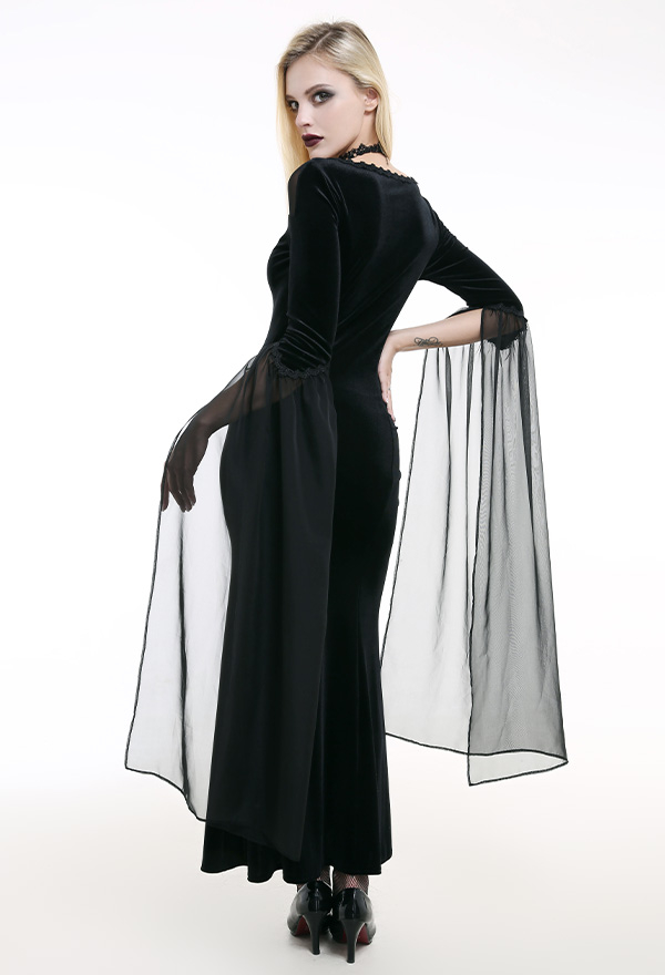 Gothic Victorian Devil Queen Bridal Dress Mystery Shrouded Black Velvet Long Tulle Sleeve Flared See Through Halloween Wedding Dress