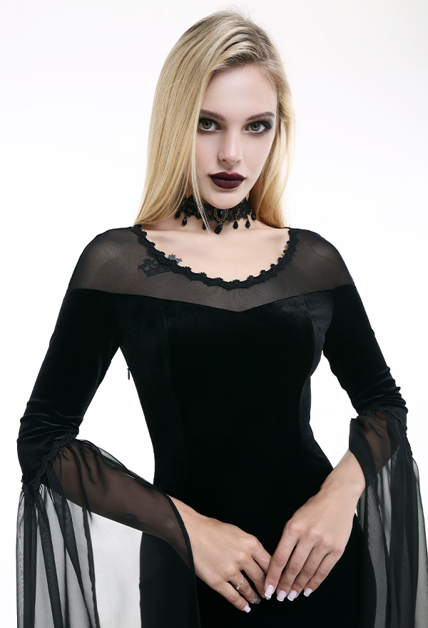 Gothic Victorian Devil Queen Bridal Dress Mystery Shrouded Black Velvet Long Tulle Sleeve Flared See Through Halloween Wedding Dress