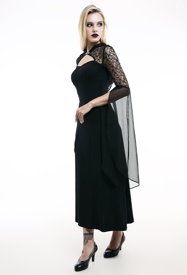 Victorian Princess Glory Oath Halloween Bridal Dress Gothic Black Lace Hooded Sleeve Floral Chiffon Tapered Waist Bridal Gown Victorian Princess Glory Oath Halloween Bridal Dress Gothic Black Lace Hooded Sleeve Floral Chiffon Tapered Waist Bridal Gown