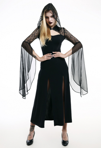 Victorian Princess Glory Oath Halloween Bridal Dress Gothic Black Lace Hooded Sleeve Floral Chiffon Tapered Waist Bridal Gown