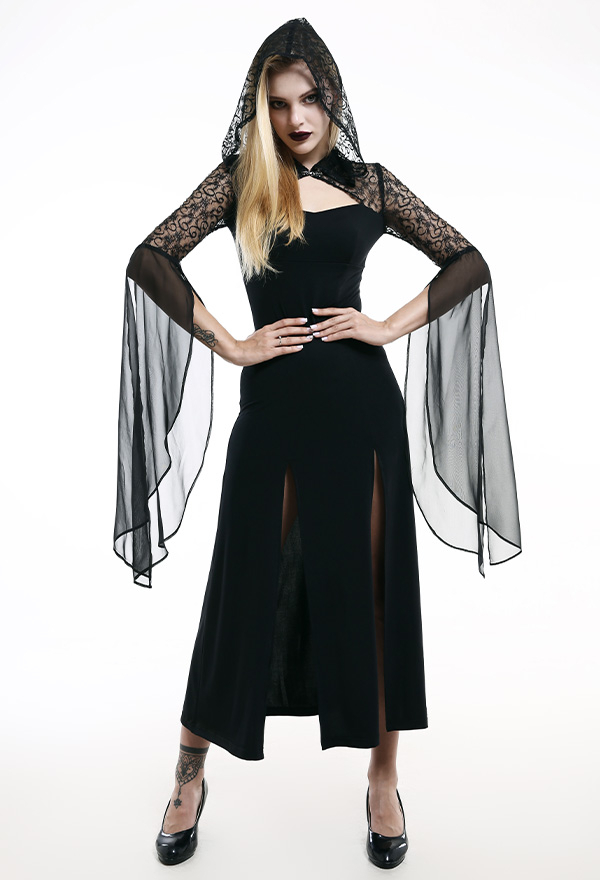 Victorian Princess Glory Oath Halloween Bridal Dress Gothic Black Lace Hooded Sleeve Floral Chiffon Tapered Waist Bridal Gown Victorian Princess Glory Oath Halloween Bridal Dress Gothic Black Lace Hooded Sleeve Floral Chiffon Tapered Waist Bridal Gown