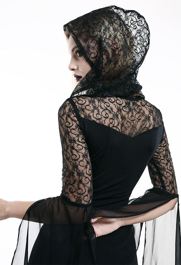 Victorian Princess Glory Oath Halloween Bridal Dress Gothic Black Lace Hooded Sleeve Floral Chiffon Tapered Waist Bridal Gown Victorian Princess Glory Oath Halloween Bridal Dress Gothic Black Lace Hooded Sleeve Floral Chiffon Tapered Waist Bridal Gown