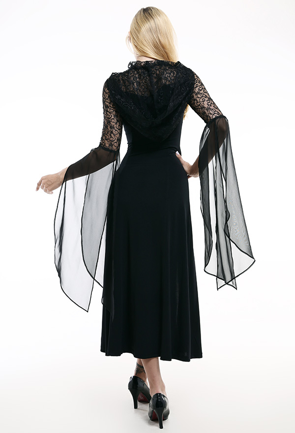 Victorian Princess Glory Oath Halloween Bridal Dress Gothic Black Lace Hooded Sleeve Floral Chiffon Tapered Waist Bridal Gown Victorian Princess Glory Oath Halloween Bridal Dress Gothic Black Lace Hooded Sleeve Floral Chiffon Tapered Waist Bridal Gown