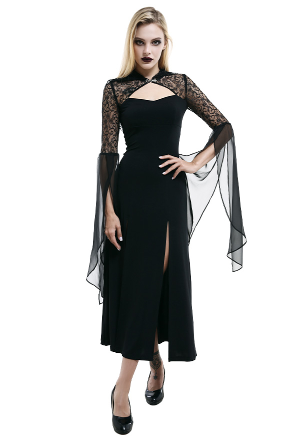 Victorian Princess Glory Oath Halloween Bridal Dress Gothic Black Lace Hooded Sleeve Floral Chiffon Tapered Waist Bridal Gown Victorian Princess Glory Oath Halloween Bridal Dress Gothic Black Lace Hooded Sleeve Floral Chiffon Tapered Waist Bridal Gown