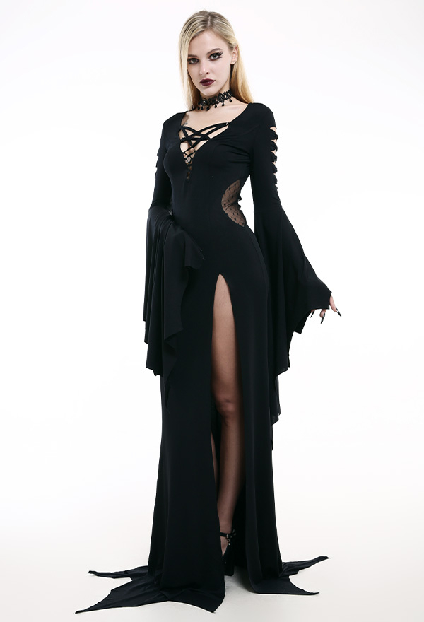 Vampire Queen Halloween Victorian Morticia Wedding Dress Gothic Black Spandex Pentagram Necktie Hollow out Sleeve Bat Hem High-Thigh Grace Bridal Gown