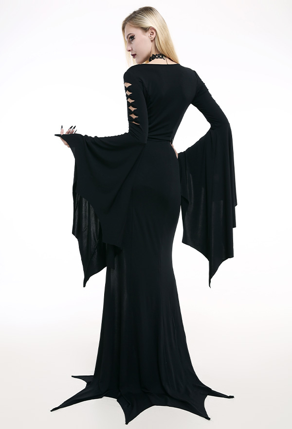 Vampire Queen Halloween Victorian Morticia Wedding Dress Gothic Black Spandex Pentagram Necktie Hollow out Sleeve Bat Hem High-Thigh Grace Bridal Gown