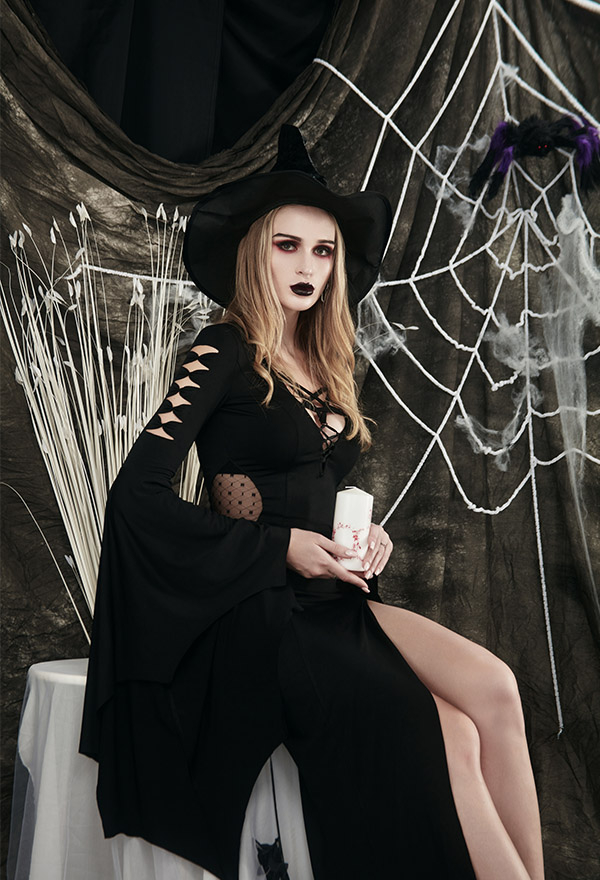 Vampire Queen Halloween Victorian Morticia Wedding Dress Gothic Black Spandex Pentagram Necktie Hollow out Sleeve Bat Hem High-Thigh Grace Bridal Gown