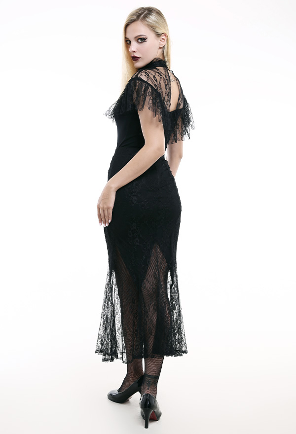 Gothic Vampire Sincere Promise Bridesmaid Dress Black Spandex Elegant Off Shoulder Lace Cape Fishtail Halloween Wedding Costume Gothic Vampire Sincere Promise Bridesmaid Dress Black Spandex Elegant Off Shoulder Lace Cape Fishtail Halloween Wedding Costume
