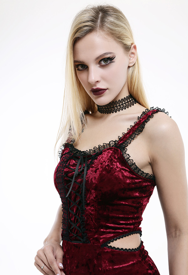 Victorian Rosy Stunner Vampire Bridesmaid Dress Gothic Velvet Red Golden Diamond Sleeveless Burgundy Mermaid Dress for Wedding