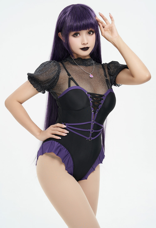 Goth Girl Gothic Black Net Yarn Spliced Lace-Up One-Piece Swimsuit